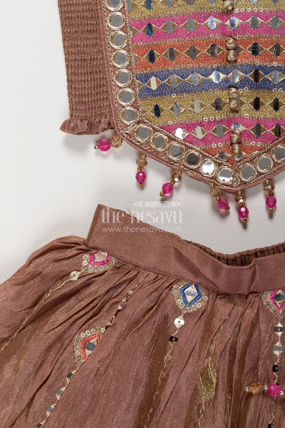 Girls Taupe Viscose Silk Lehenga Choli with Geometric Embroidery
