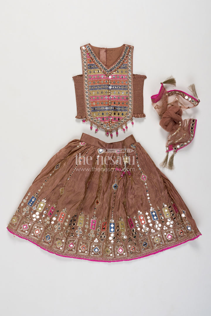 Girls Taupe Viscose Silk Lehenga Choli with Geometric Embroidery