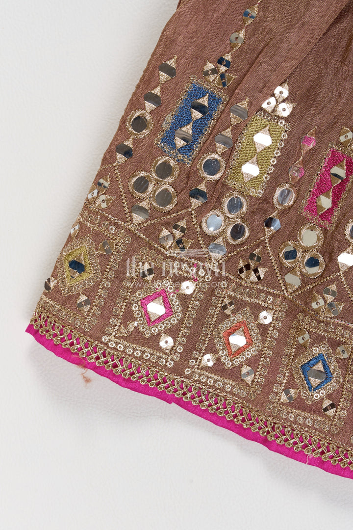 Girls Taupe Viscose Silk Lehenga Choli with Geometric Embroidery