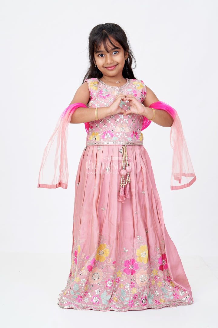 Girls Sleeveless Lehenga in Pink Pure Tissue Silk with Floral Thread Embroidery and Mirror Work
