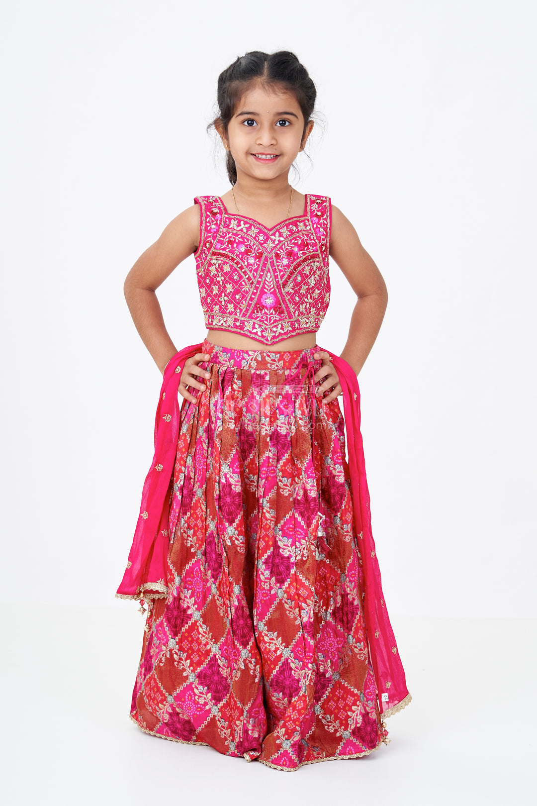 Girls Red and Gold Lehenga in Viscose Silk with Mirror Embroidered Yoke and Geometric Placement Print