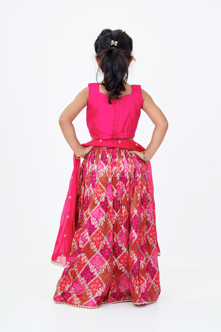 Girls Red and Gold Lehenga in Viscose Silk with Mirror Embroidered Yoke and Geometric Placement Print