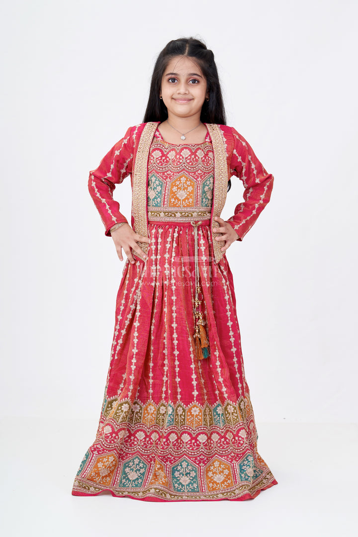 Girls Lehenga with Jacket in Viscose Silk with Designer Embroidery Yoke and Multicolor Placement Print