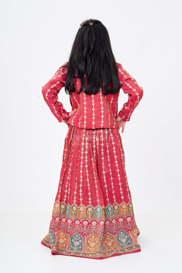 Girls Lehenga with Jacket in Viscose Silk with Designer Embroidery Yoke and Multicolor Placement Print