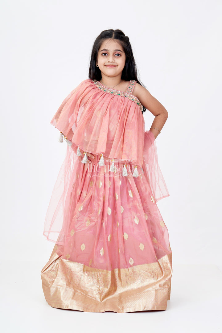 Girls Maroon Lehenga in Banarasi Kora Tissue Silk with Big Zari Border and Ruffle Cape Choli Design