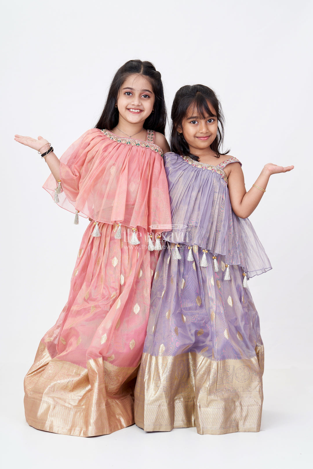 Girls Maroon Lehenga in Banarasi Kora Tissue Silk with Big Zari Border and Ruffle Cape Choli Design