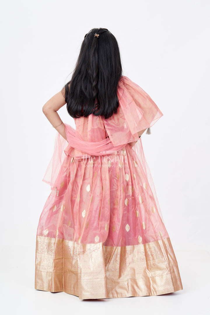 Girls Maroon Lehenga in Banarasi Kora Tissue Silk with Big Zari Border and Ruffle Cape Choli Design