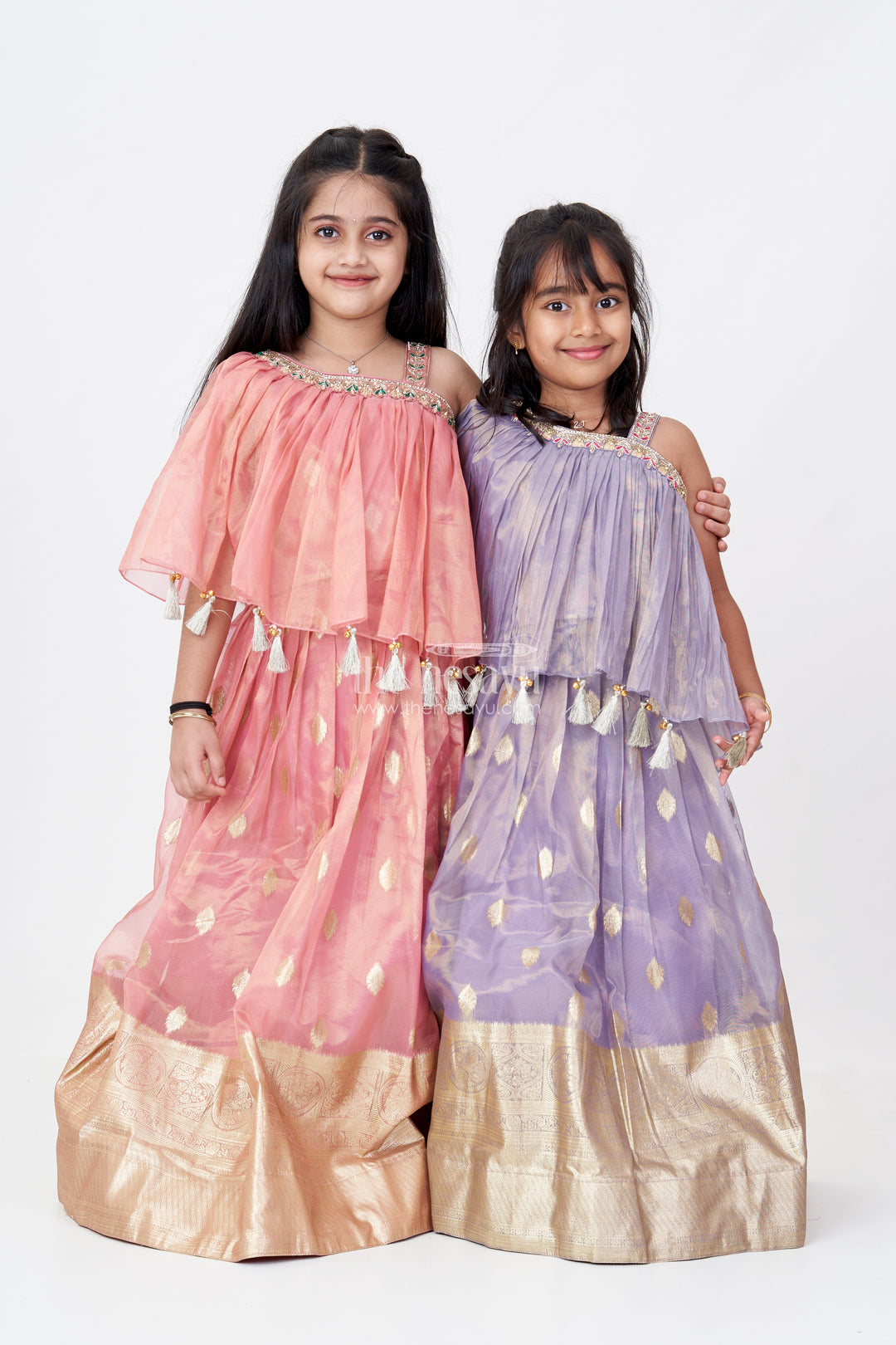 Girls Golden Colour Ka Lehenga in Banarasi Kora Tissue Silk with Elegant Zari Border and Off-Shoulder Cape