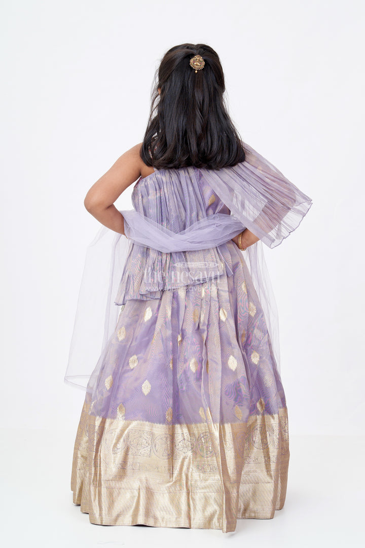 Girls Golden Colour Ka Lehenga in Banarasi Kora Tissue Silk with Elegant Zari Border and Off-Shoulder Cape