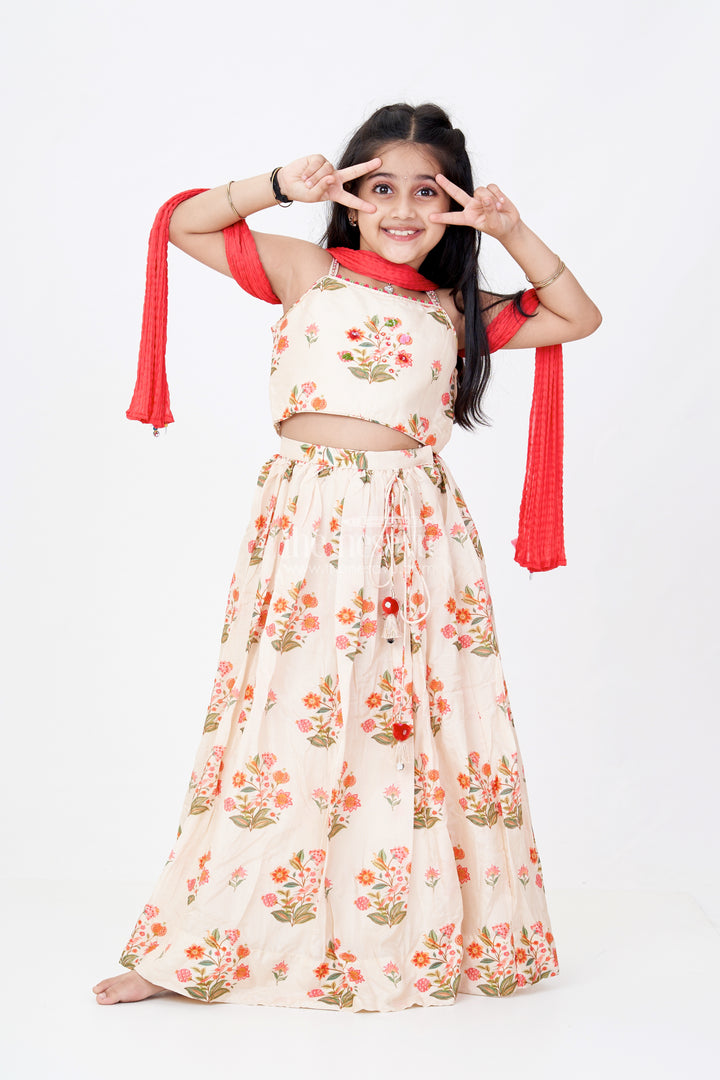 Girls Cotton Lehenga Choli with Dupatta in Viscose Silk and Floral Mirror Embroidery Detailing