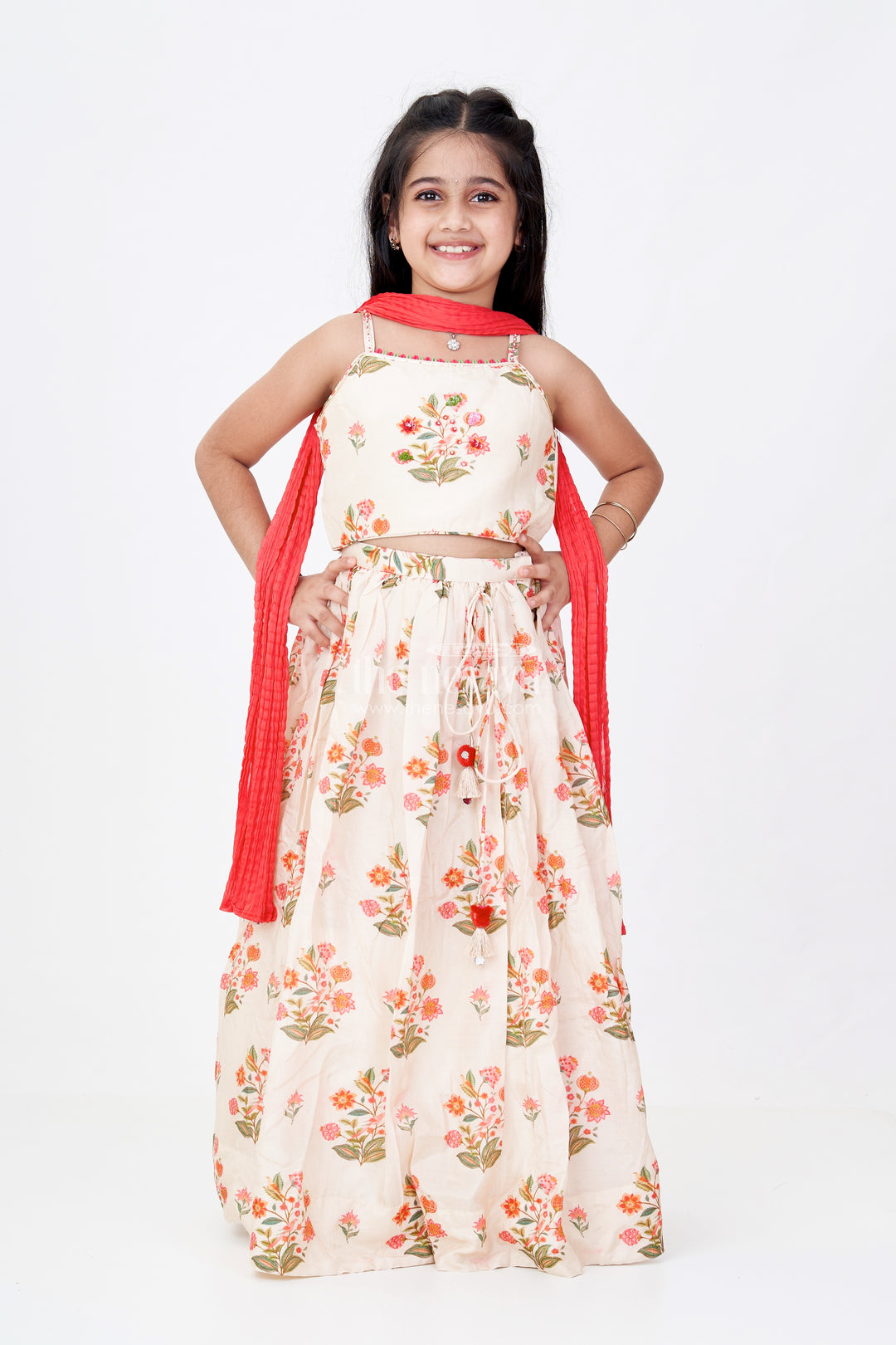 Girls Cotton Lehenga Choli with Dupatta in Viscose Silk and Floral Mirror Embroidery Detailing