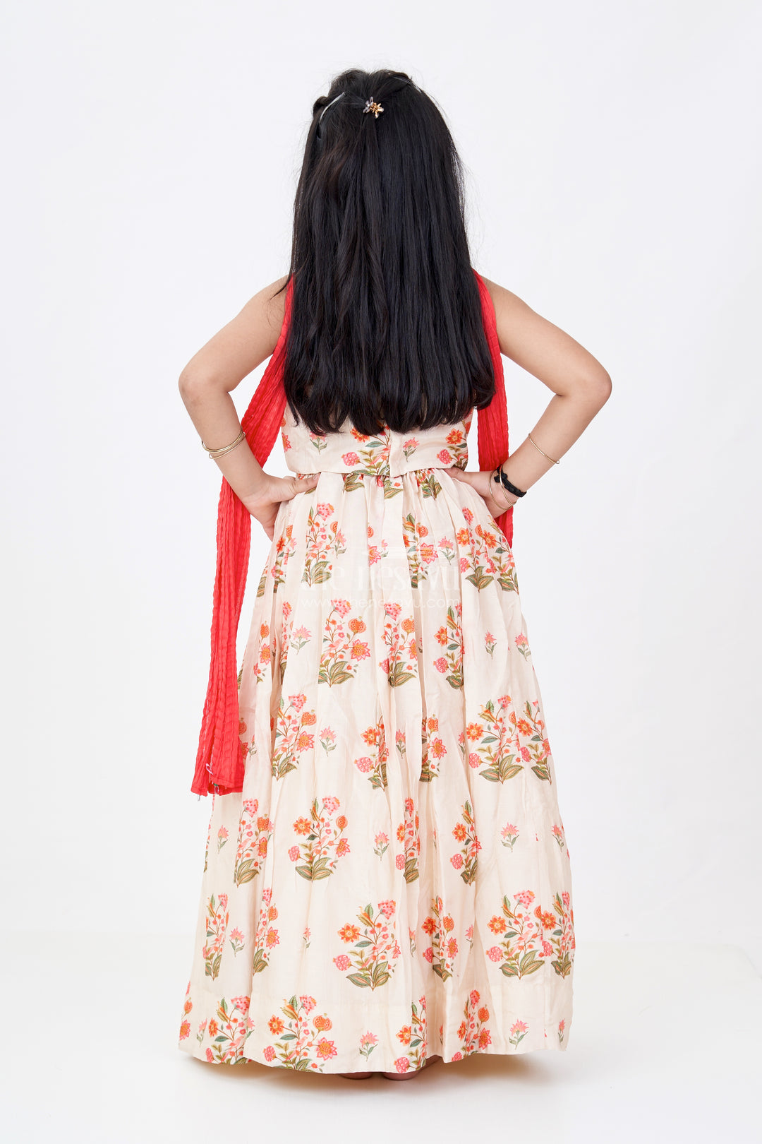 Girls Cotton Lehenga Choli with Dupatta in Viscose Silk and Floral Mirror Embroidery Detailing
