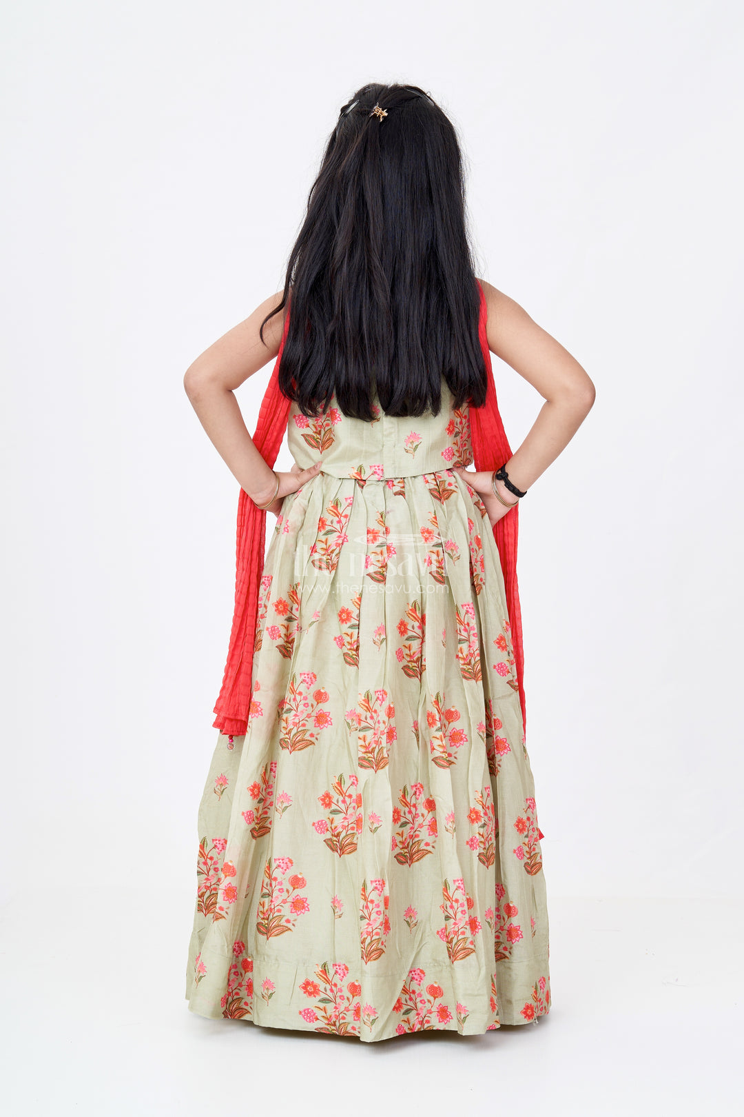 Girls Lehenga Pista Colour in Viscose Silk with Mirror Embroidery and Red Dupatta for Festive Look