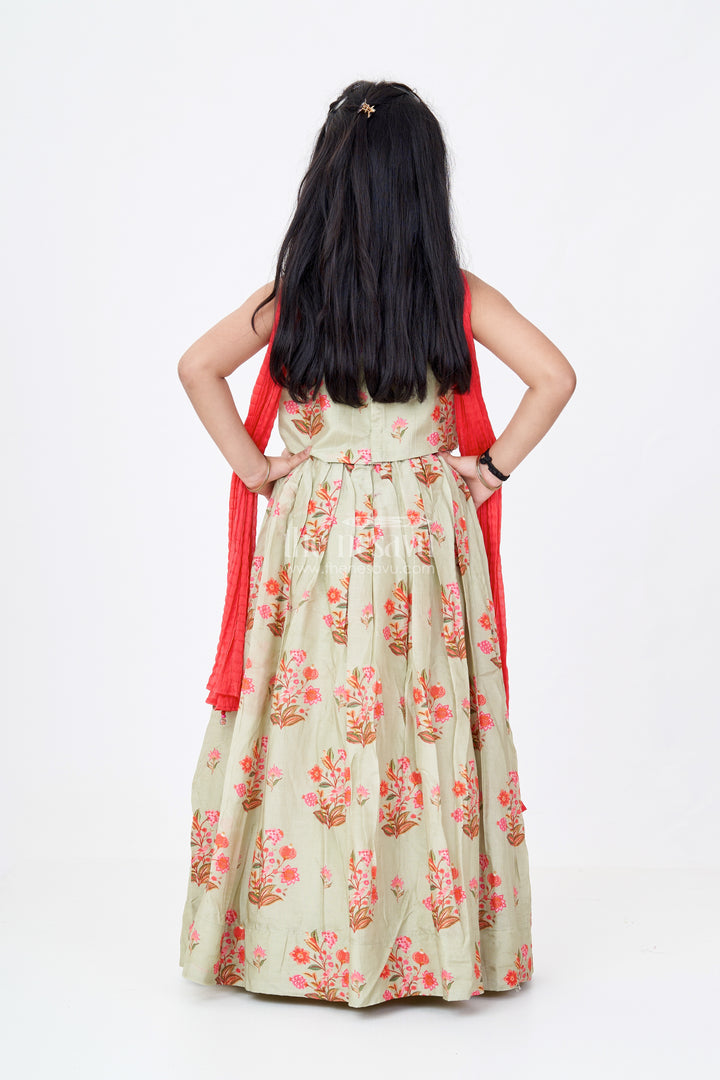 Girls Lehenga Pista Colour in Viscose Silk with Mirror Embroidery and Red Dupatta for Festive Look