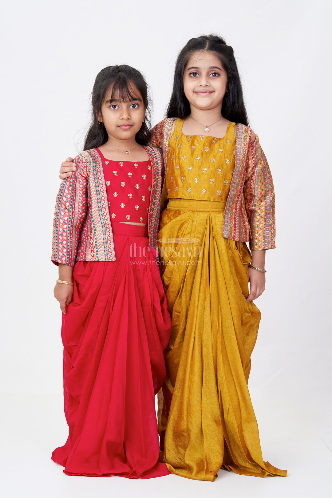 Girls Gold Crop Top for Lehenga in Viscose Georgette with Designer Print and Half Sleeve Jacket