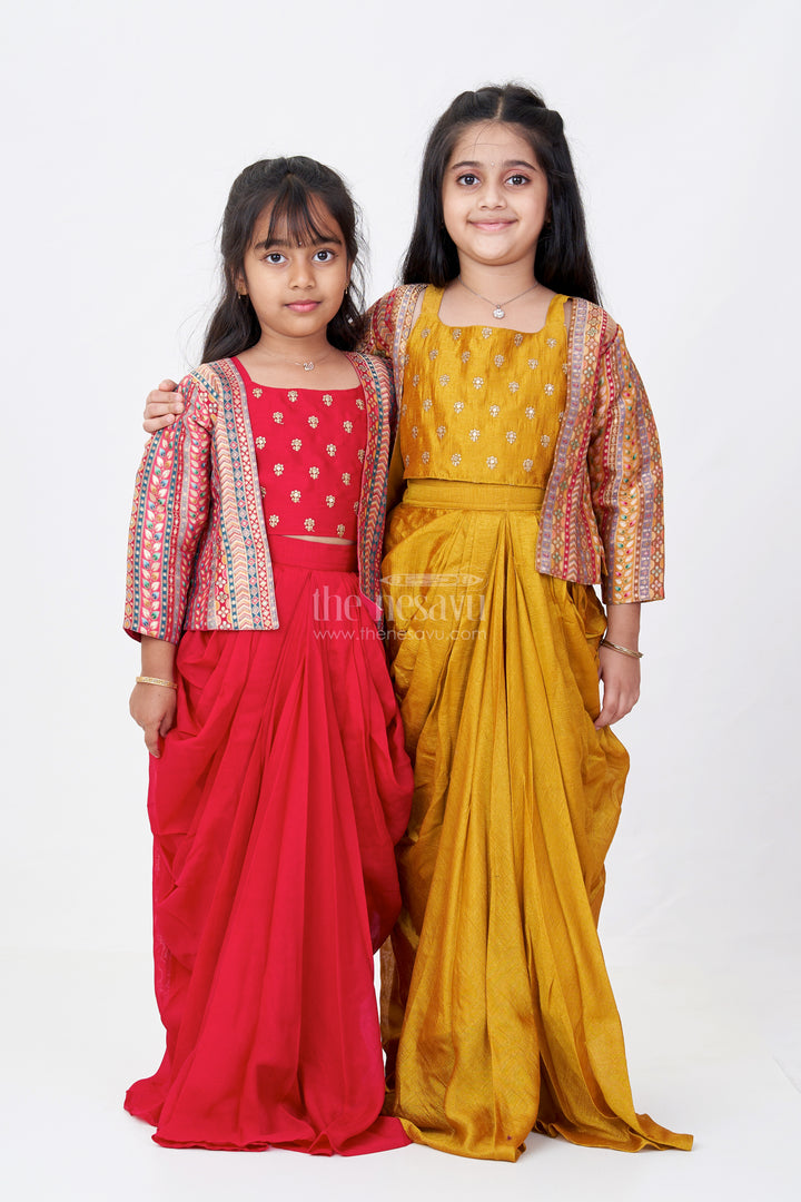 Girls Gold Crop Top for Lehenga in Viscose Georgette with Designer Print and Half Sleeve Jacket