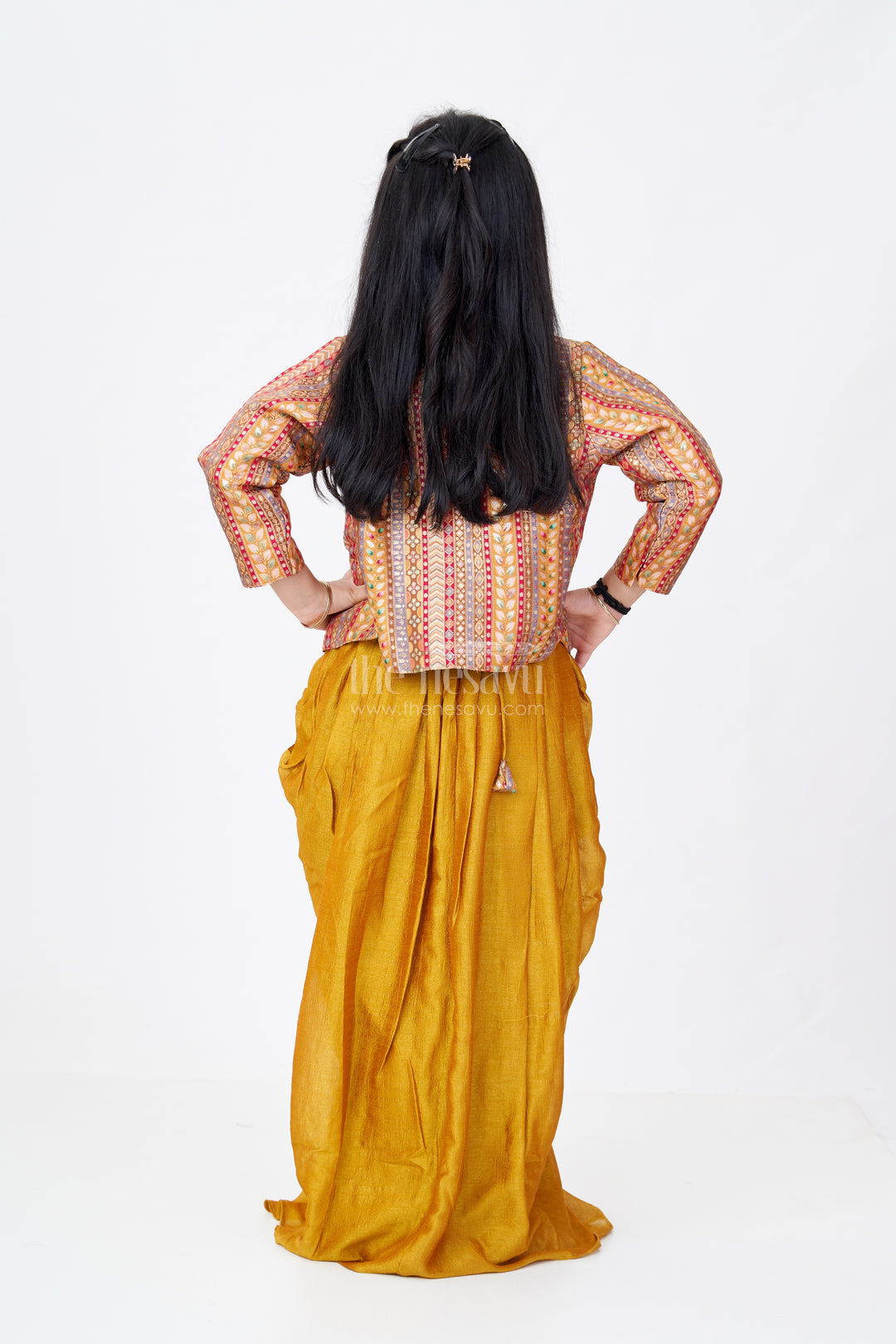Girls Gold Crop Top for Lehenga in Viscose Georgette with Designer Print and Half Sleeve Jacket