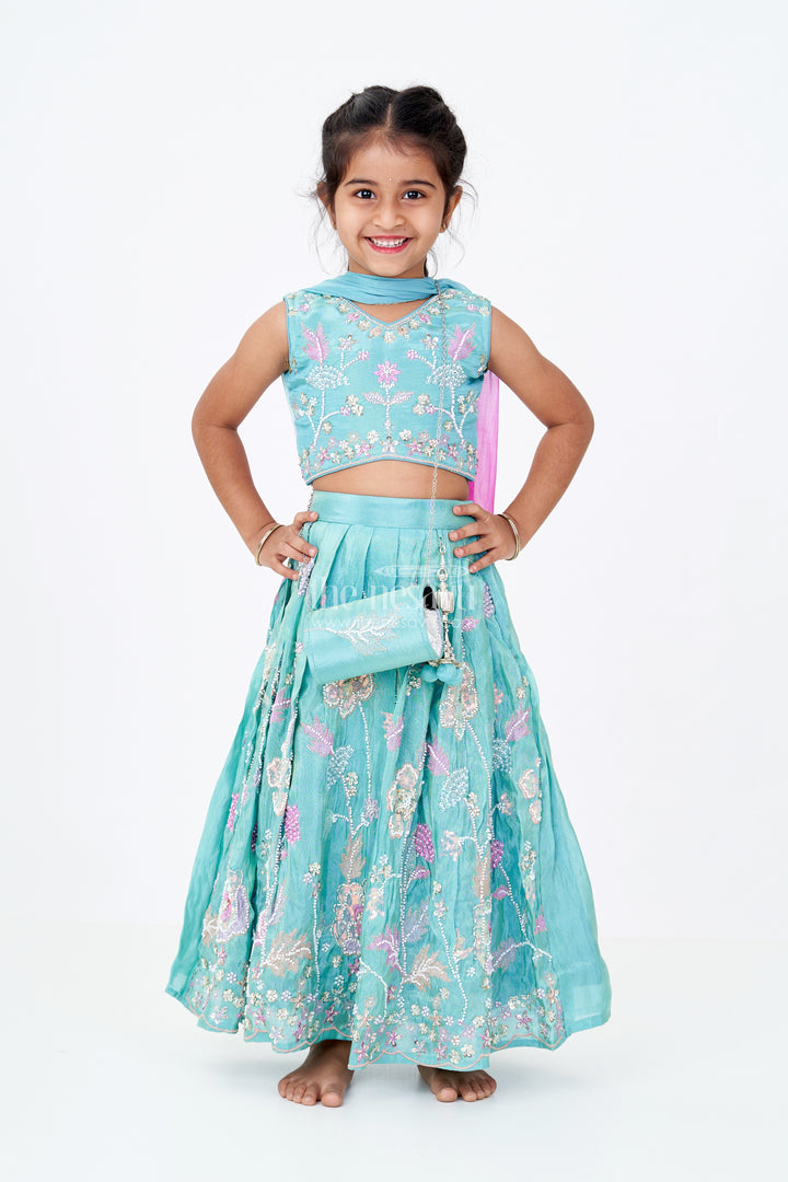 Girls Teal Green Lehenga Choli in Banarasi Kora Tissue Silk with Heavy Designer Embroidery and Accessories