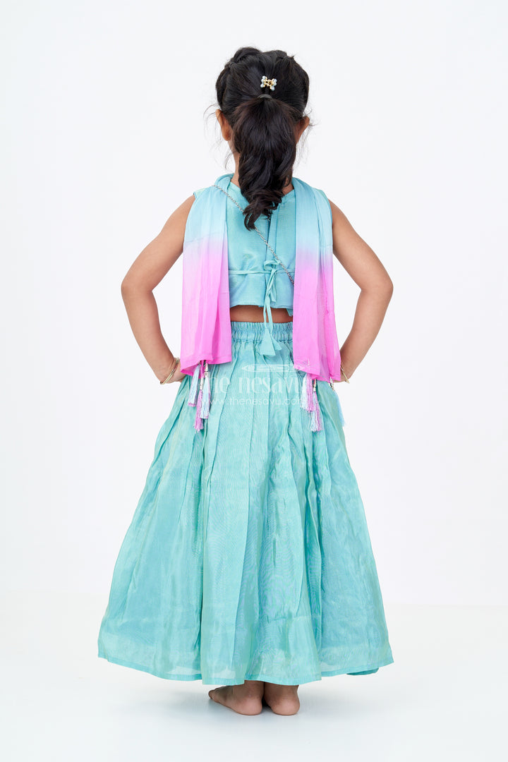 Girls Teal Green Lehenga Choli in Banarasi Kora Tissue Silk with Heavy Designer Embroidery and Accessories