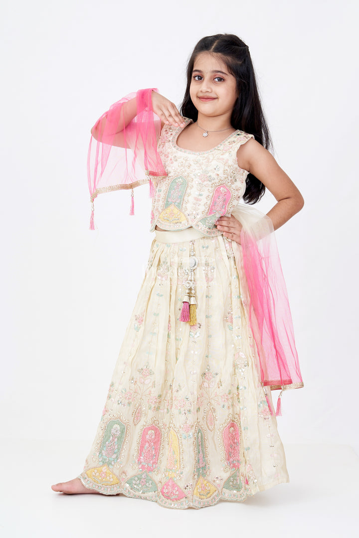 Girls Shining Lehenga in Banarasi Kora Tissue Silk with Multi-Coloured Temple Embroidery and Beads