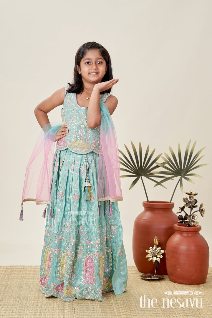 Comfortable Lehenga Choli for Girls for Festivals in Aqua Blue with Mirror Embroidery and Pastel Highlights