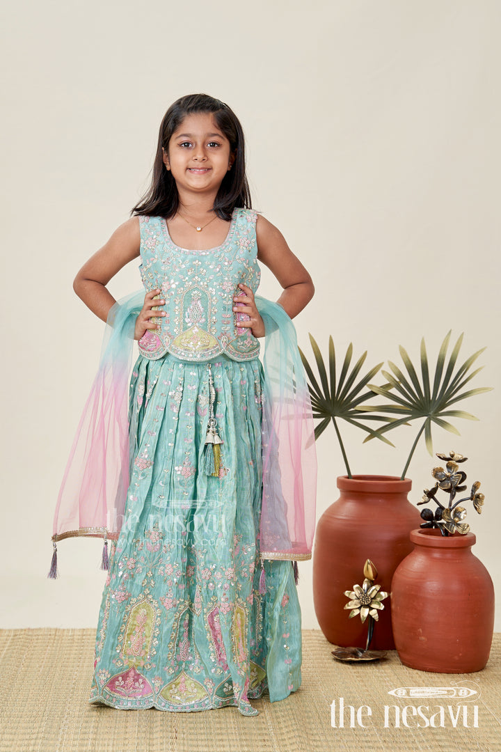 Comfortable Lehenga Choli for Girls for Festivals in Aqua Blue with Mirror Embroidery and Pastel Highlights