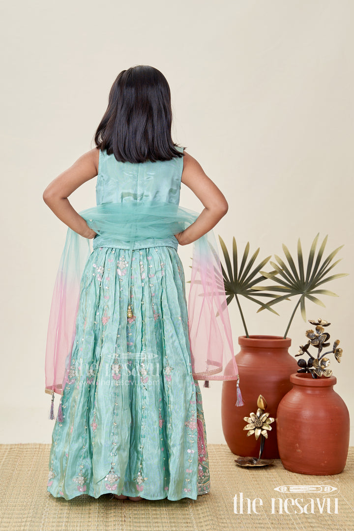 Comfortable Lehenga Choli for Girls for Festivals in Aqua Blue with Mirror Embroidery and Pastel Highlights