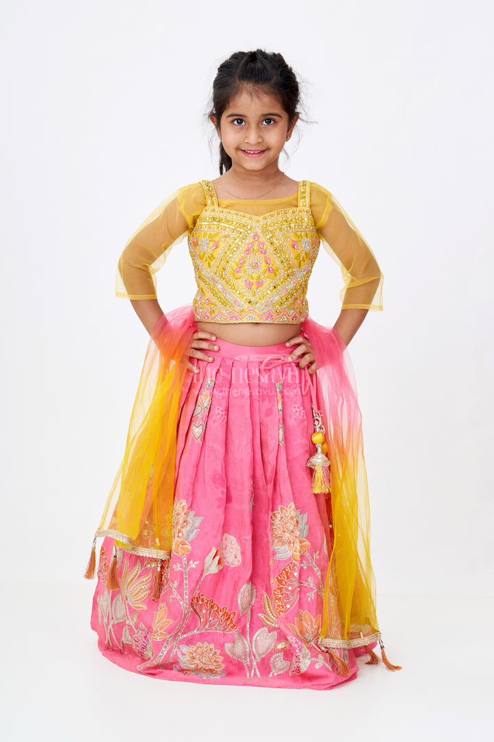 Girls Floral Pink Lehenga in Viscose Tissue with Embroidered Choli and Multicolor Net Dupatta