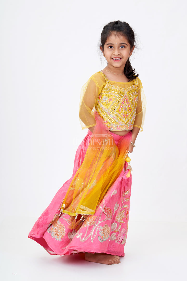 Girls Floral Pink Lehenga in Viscose Tissue with Embroidered Choli and Multicolor Net Dupatta
