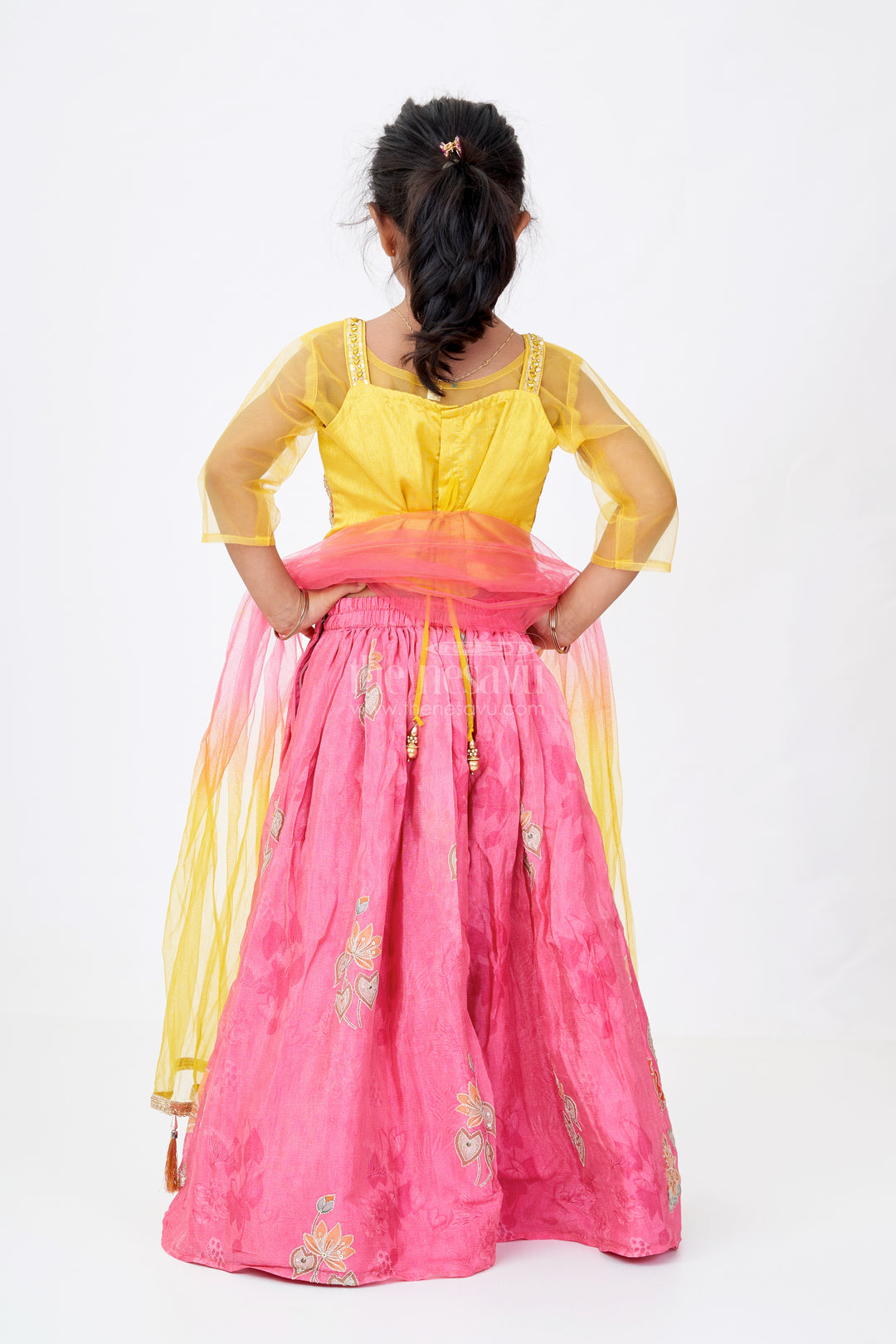 Girls Floral Pink Lehenga in Viscose Tissue with Embroidered Choli and Multicolor Net Dupatta