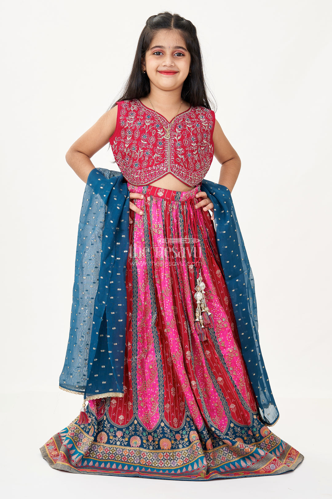 Lehenga for Kids in Pure Viscose Silk with Multicolor Digital Print and Embroidered Choli