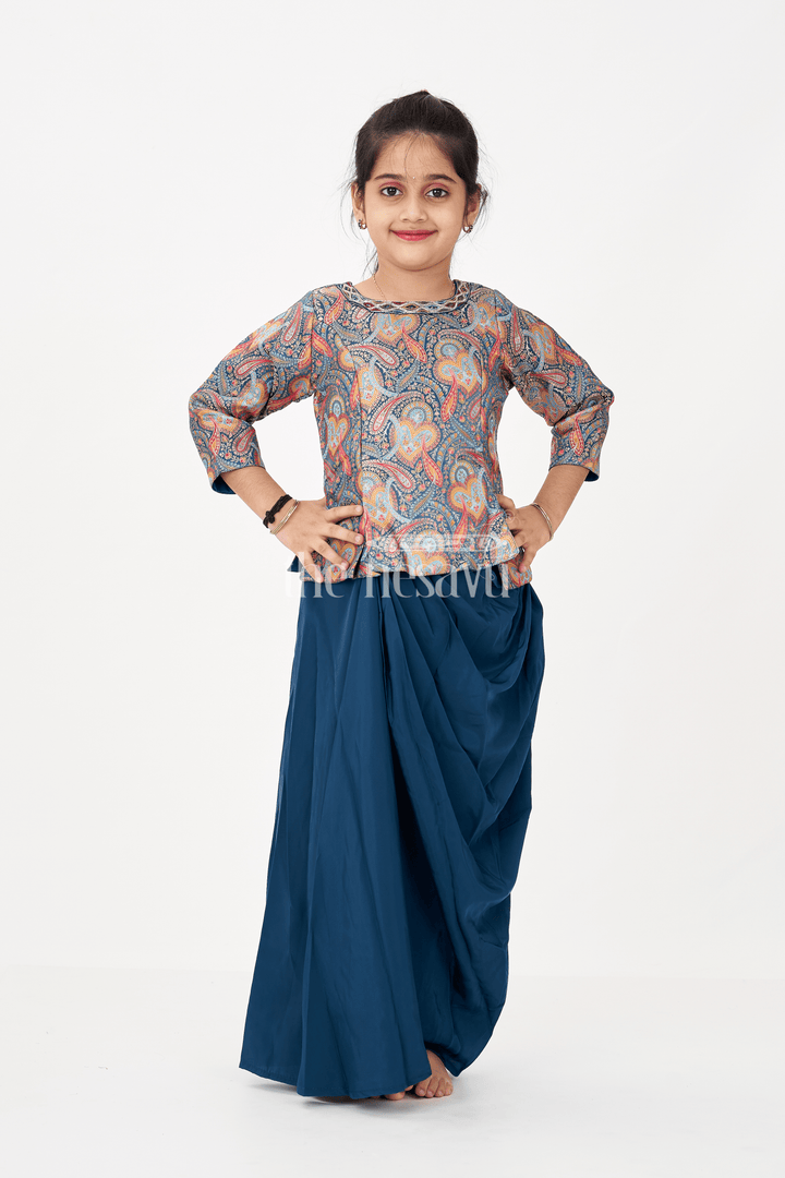 Blue Colour Lehenga Girls Sharara Set in Glaze Organza with Paisley Digital Print and Elegant Pleated Bottom