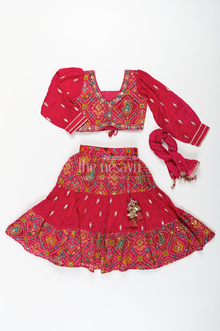Red Sharara Lehenga Choli for Girls with Sequence Embellished Pure Viscose Digital Print and Long Sleeves