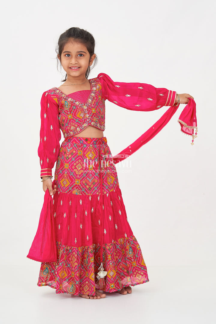 Red Sharara Lehenga Choli for Girls with Sequence Embellished Pure Viscose Digital Print and Long Sleeves