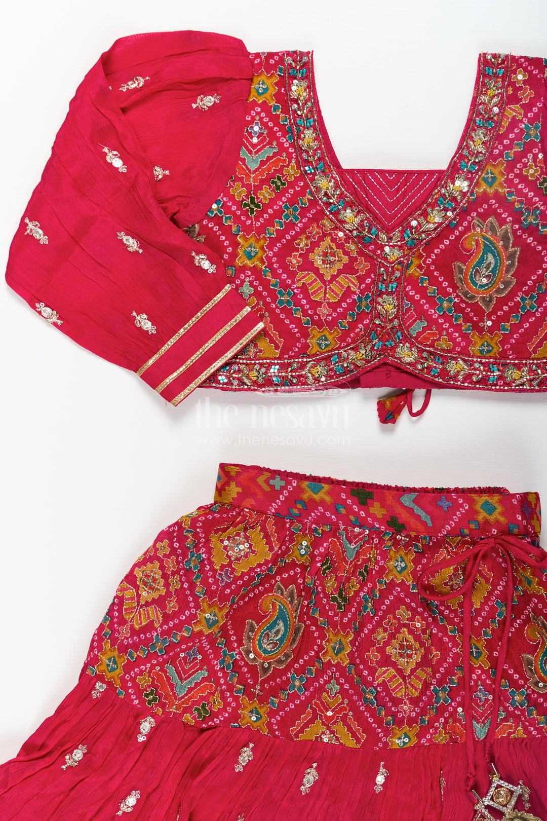 Red Sharara Lehenga Choli for Girls with Sequence Embellished Pure Viscose Digital Print and Long Sleeves