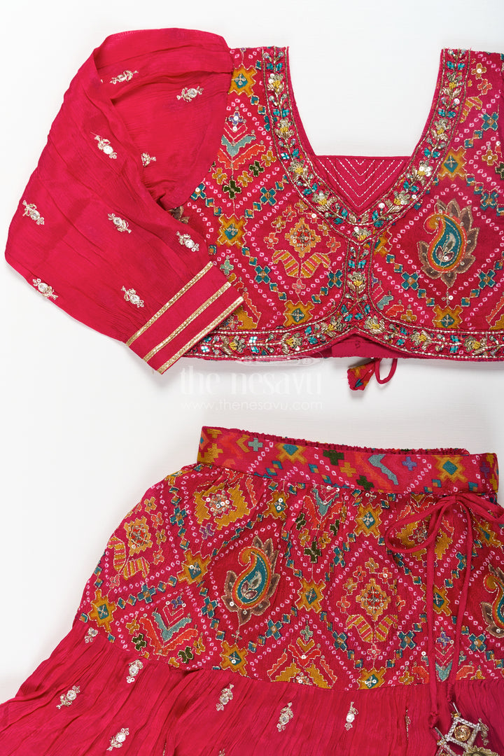 Red Sharara Lehenga Choli for Girls with Sequence Embellished Pure Viscose Digital Print and Long Sleeves