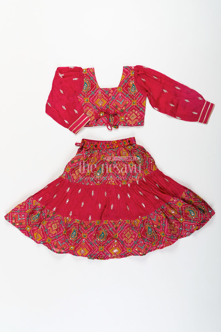 Red Sharara Lehenga Choli for Girls with Sequence Embellished Pure Viscose Digital Print and Long Sleeves