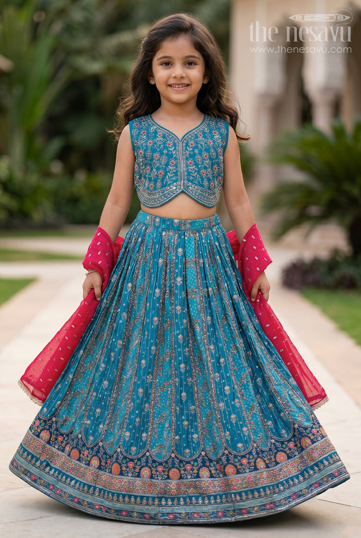 Blue Color Lehenga Choli for Girls in Pure Viscose Silk with Mirror Embroidery and Printed Dupatta