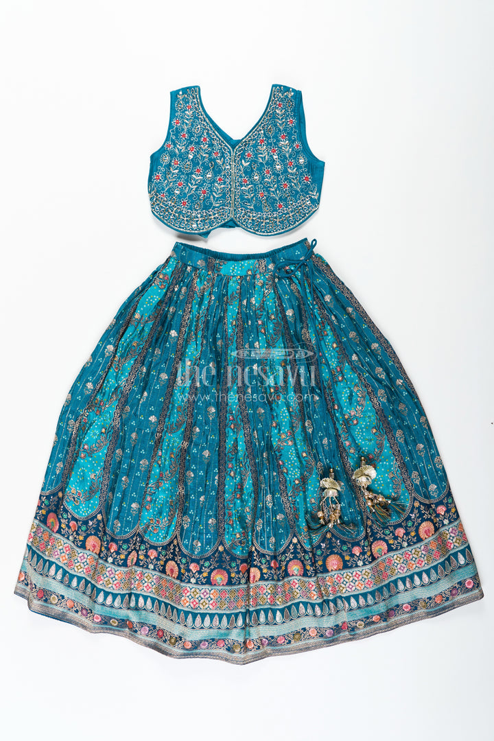 Blue Color Lehenga Choli for Girls in Pure Viscose Silk with Mirror Embroidery and Printed Dupatta
