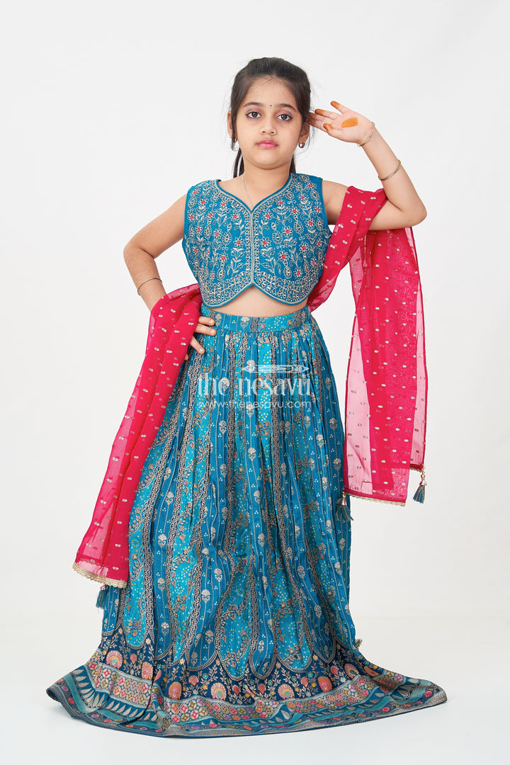 Blue Color Lehenga Choli for Girls in Pure Viscose Silk with Mirror Embroidery and Printed Dupatta