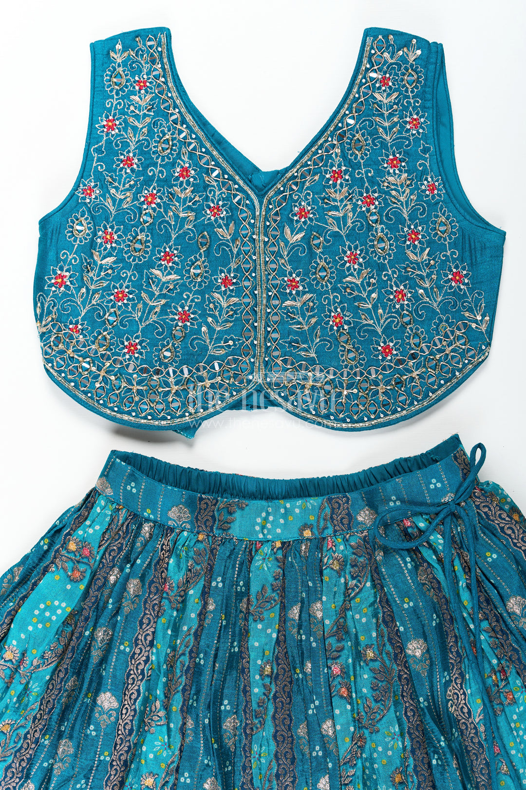 Blue Color Lehenga Choli for Girls in Pure Viscose Silk with Mirror Embroidery and Printed Dupatta