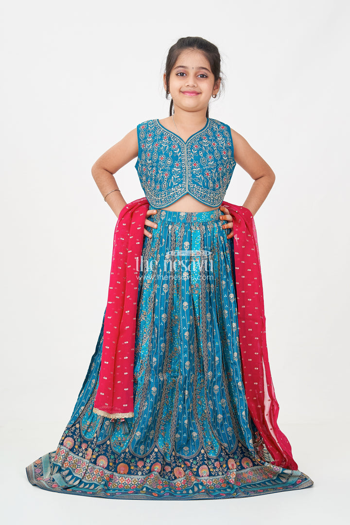 Blue Color Lehenga Choli for Girls in Pure Viscose Silk with Mirror Embroidery and Printed Dupatta
