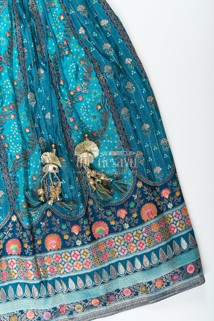 Blue Color Lehenga Choli for Girls in Pure Viscose Silk with Mirror Embroidery and Printed Dupatta