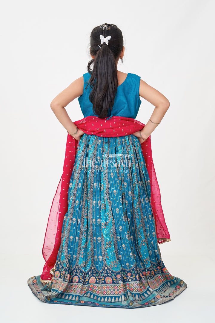 Blue Color Lehenga Choli for Girls in Pure Viscose Silk with Mirror Embroidery and Printed Dupatta
