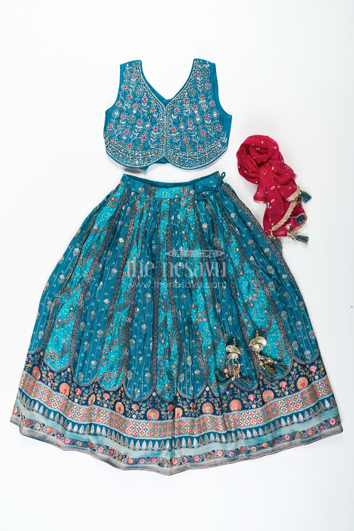 Blue Color Lehenga Choli for Girls in Pure Viscose Silk with Mirror Embroidery and Printed Dupatta
