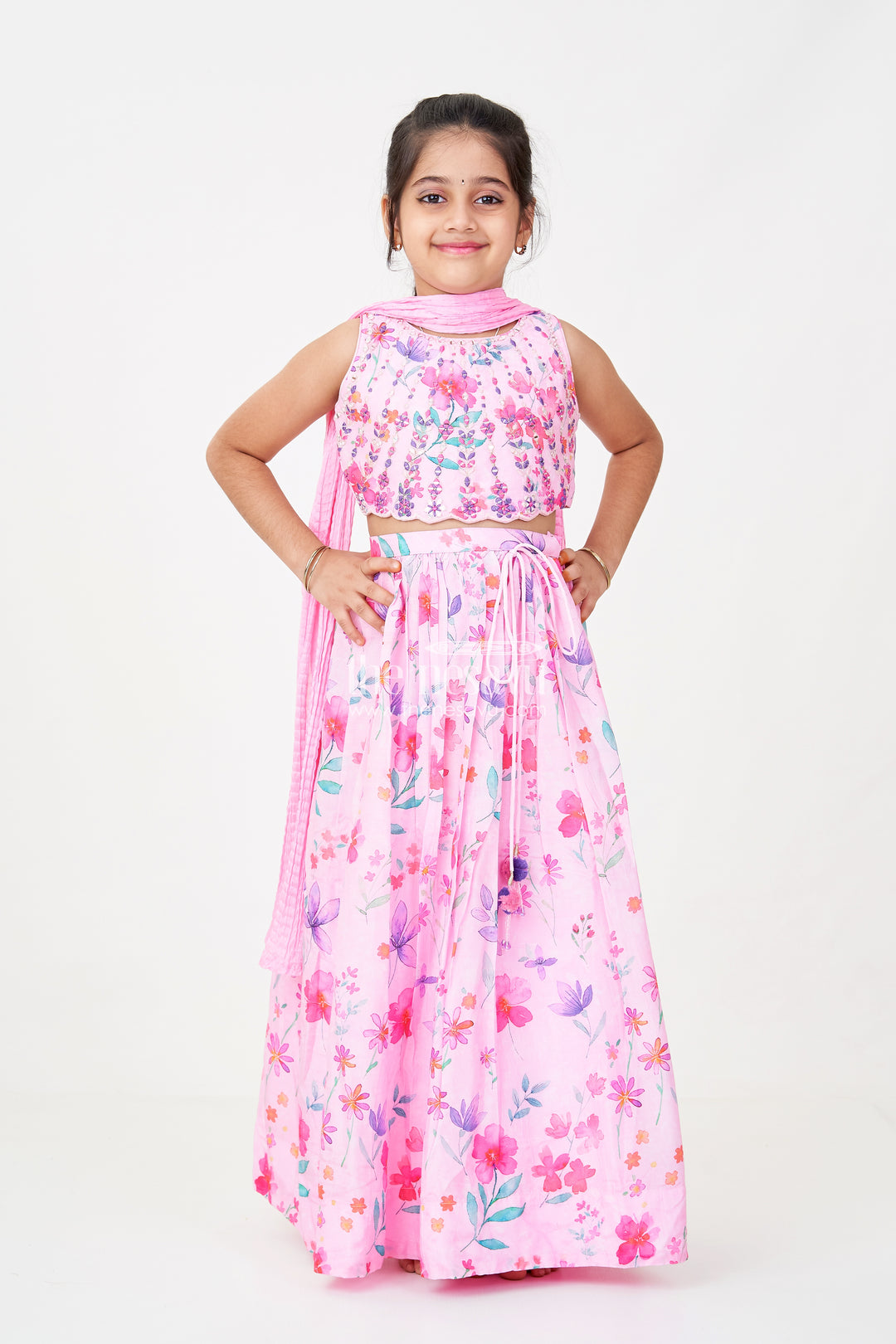 Pink Party Wear Lehenga Choli for Girls in Viscose Silk with Mirror Embroidered Yoke and Floral Printed Skirt