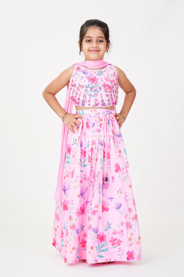 Pink Party Wear Lehenga Choli for Girls in Viscose Silk with Mirror Embroidered Yoke and Floral Printed Skirt