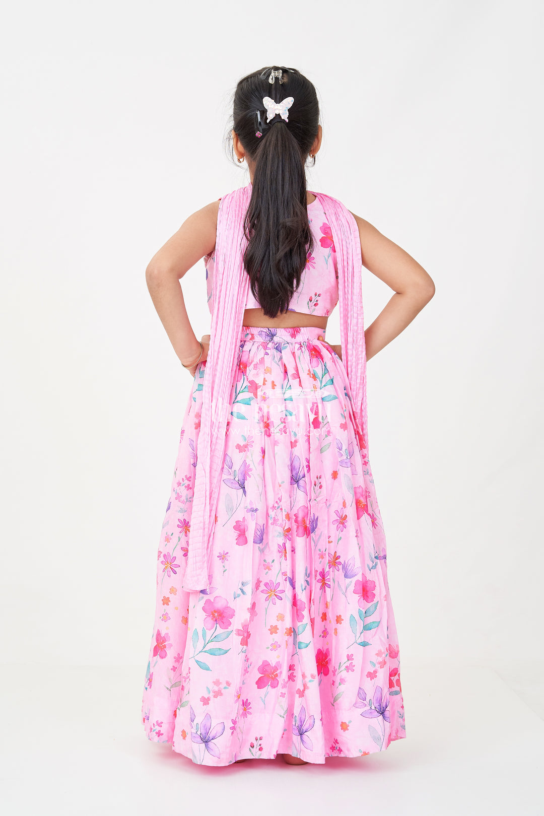 Pink Party Wear Lehenga Choli for Girls in Viscose Silk with Mirror Embroidered Yoke and Floral Printed Skirt