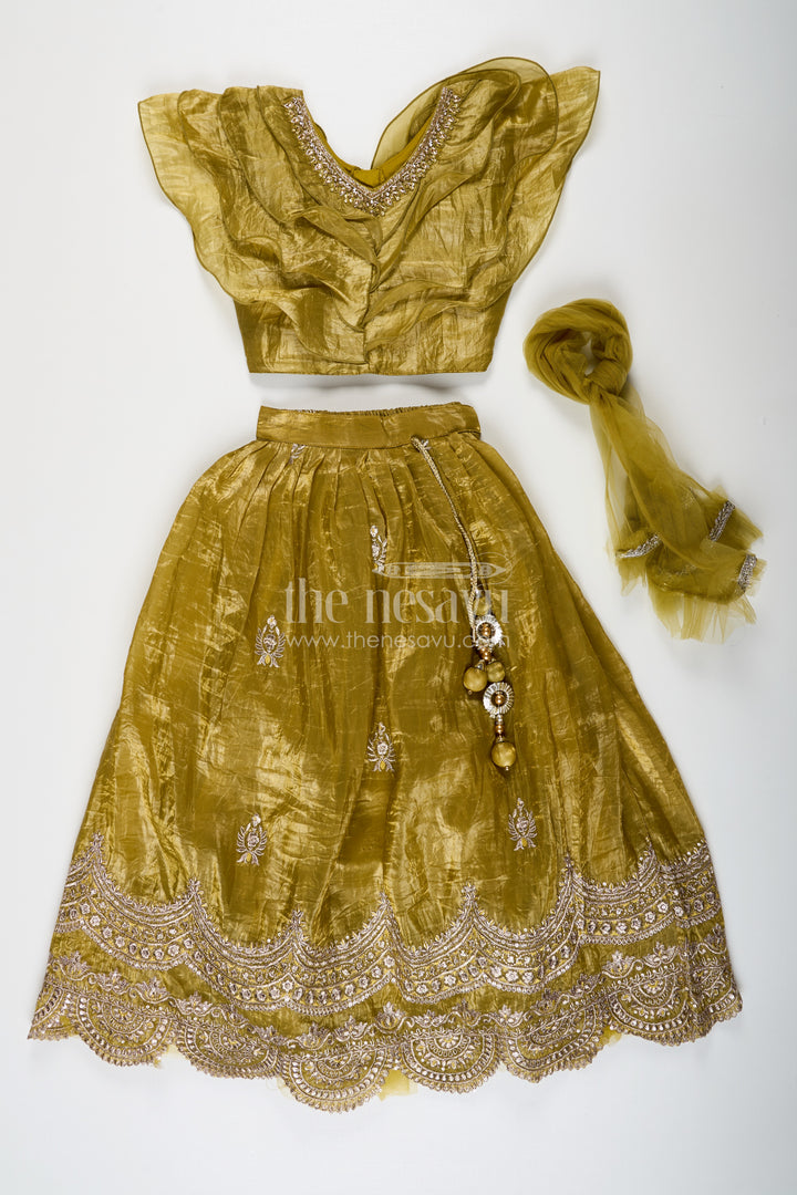 Girls Indian Traditional Wear in Olive Green Organza with Zari Embroidered Lehenga and Ruffle Top
