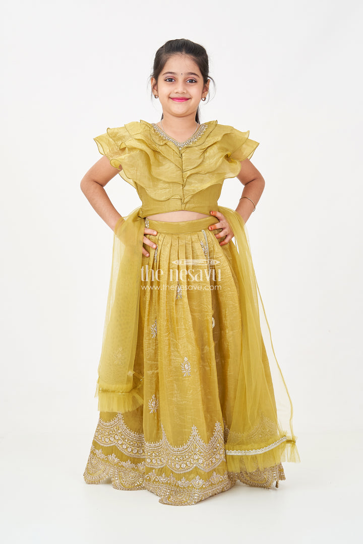 Girls Indian Traditional Wear in Olive Green Organza with Zari Embroidered Lehenga and Ruffle Top